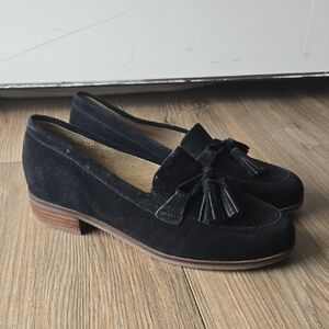 Fat Face Black Suede Tassle Heeled Loafers